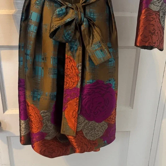 Samuel Dong Olive Green Satin Floral Wrap Dress Coatwith Purple & Orange Accents - Picture 3 of 9